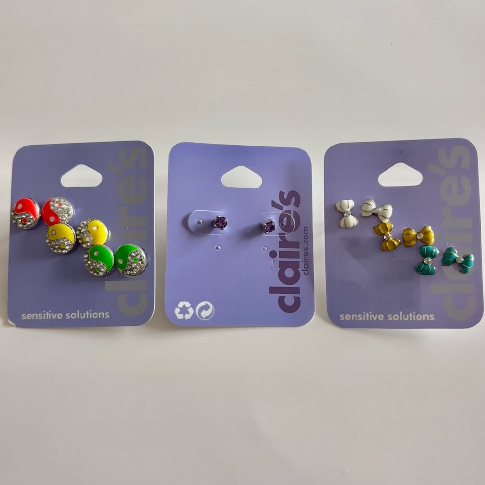Claire’s earring bundle set of 7 stud earrings yin yang, bows, and purple studs